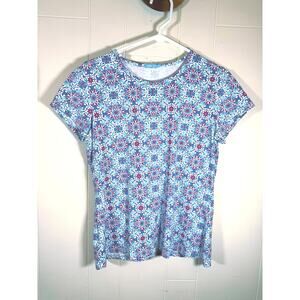 J. McLaughlin Allie Catalina Cloth Top M Teal Magenta Geometric Tile Cap Sleeve